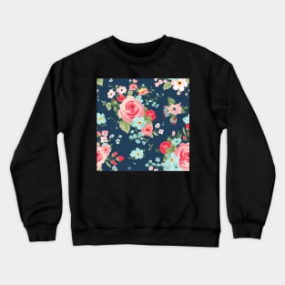 Pink Girly Floral Flowers, Pretty Feminine Pattern on Blue Background Crewneck Sweatshirt